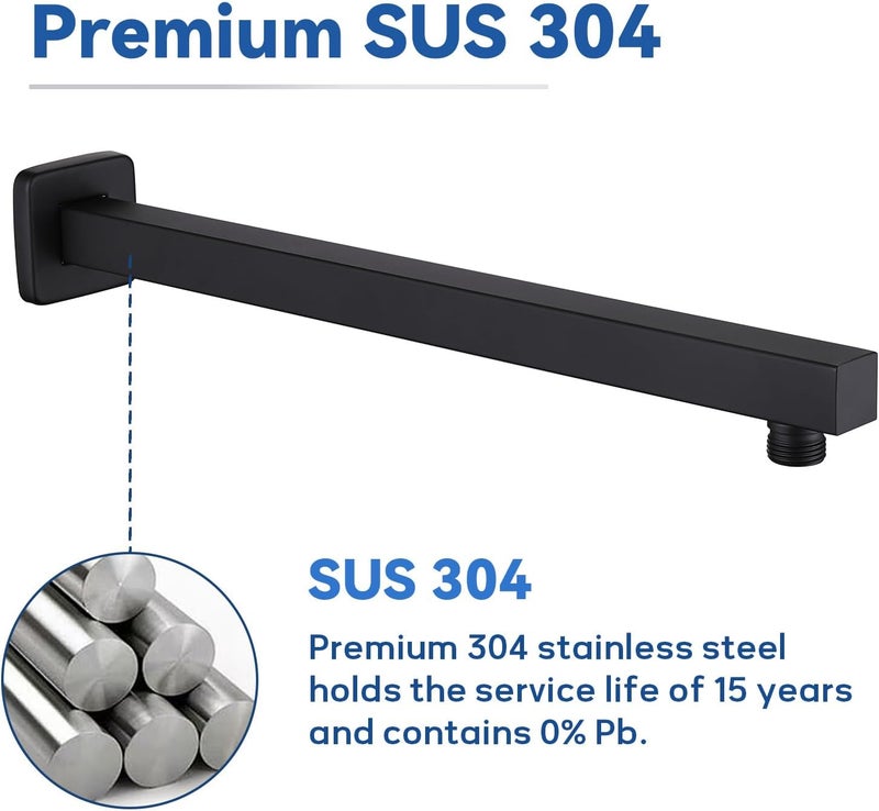 Aqua Access 16 Inch Rain Shower Head Extension Arm with Flange, Matte Black, Made of SUS 304 Stainless Steel, Square Shower Arm Wall Mounted, Rainfall Shower Arm for Morden Bathroom - Image 5